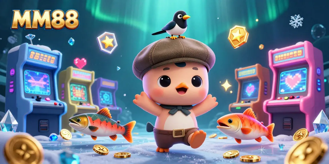 Win big with MM88's vibrant casino-themed illustration featuring playful characters and gaming elements.