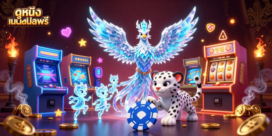 Play ดูหนังออนไลน์ฟรี with a vibrant scene featuring a lively ice phoenix, glowing sprites, and casino elements.