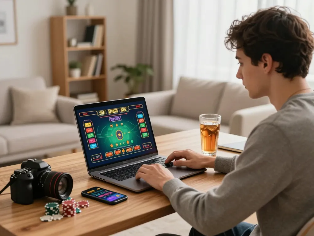 Player enjoying the okfun online casino experience at home with a laptop and smartphone, showcasing engagement and strategy.