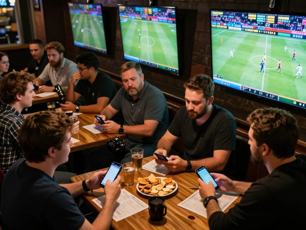 NOWGOAL sports betting enthusiasts analyzing bets at lively sports bar