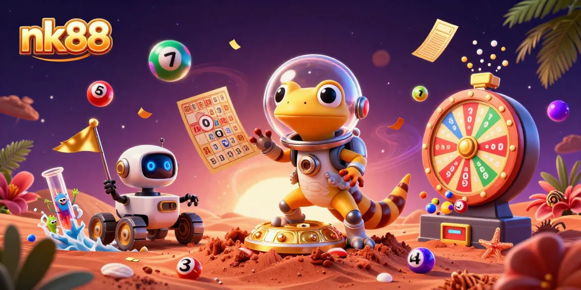 Experience the excitement at nk88 with a Martian gecko discovering a golden casino amidst colorful dynamic elements.