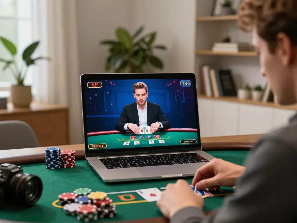 Playing live dealer blackjack on laptop at https://www.mnm88.com/ in a cozy home setting.