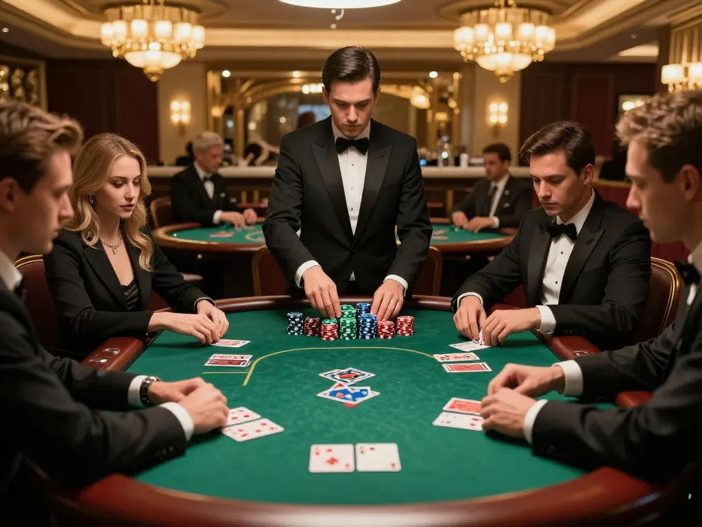 Intense poker game scene at XXGG casino with focused players and dealer amidst luxurious decor.