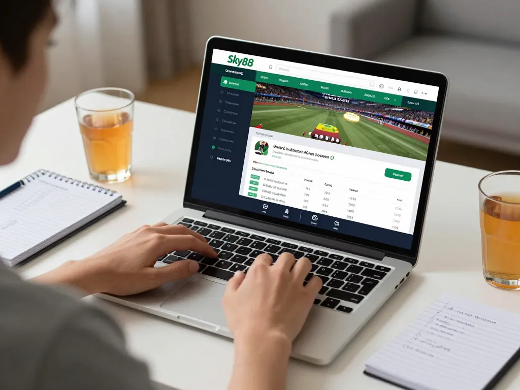 Engaging with Sky88 đăng nhập while placing sports bets on a laptop in a cozy workspace.