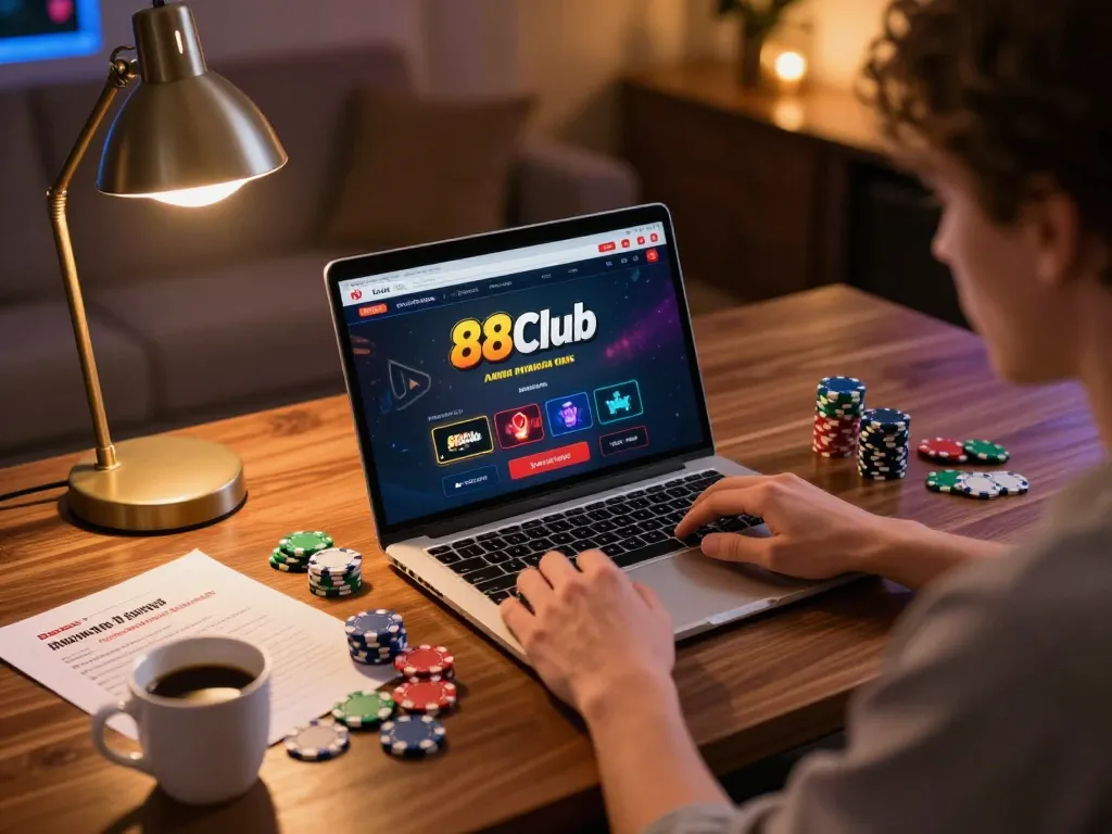 Experience intense gaming excitement with 88Club on a laptop surrounded by poker chips and strategy notes.