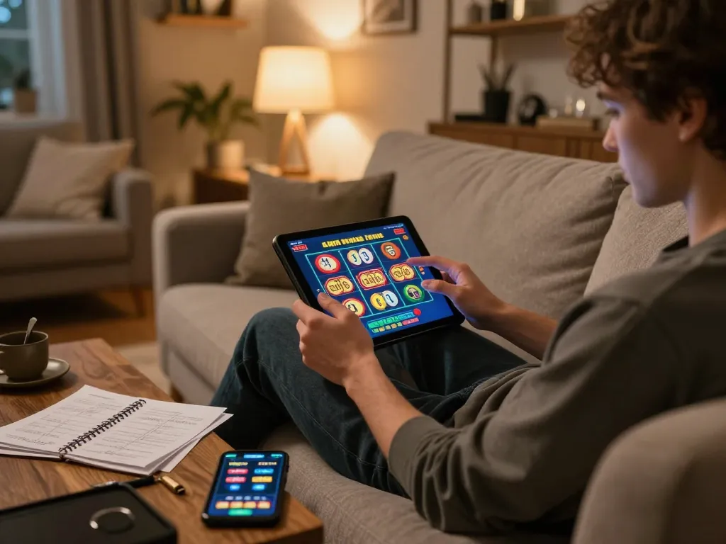 Engaging in f8betz slot games at home with strategic notes and a tablet