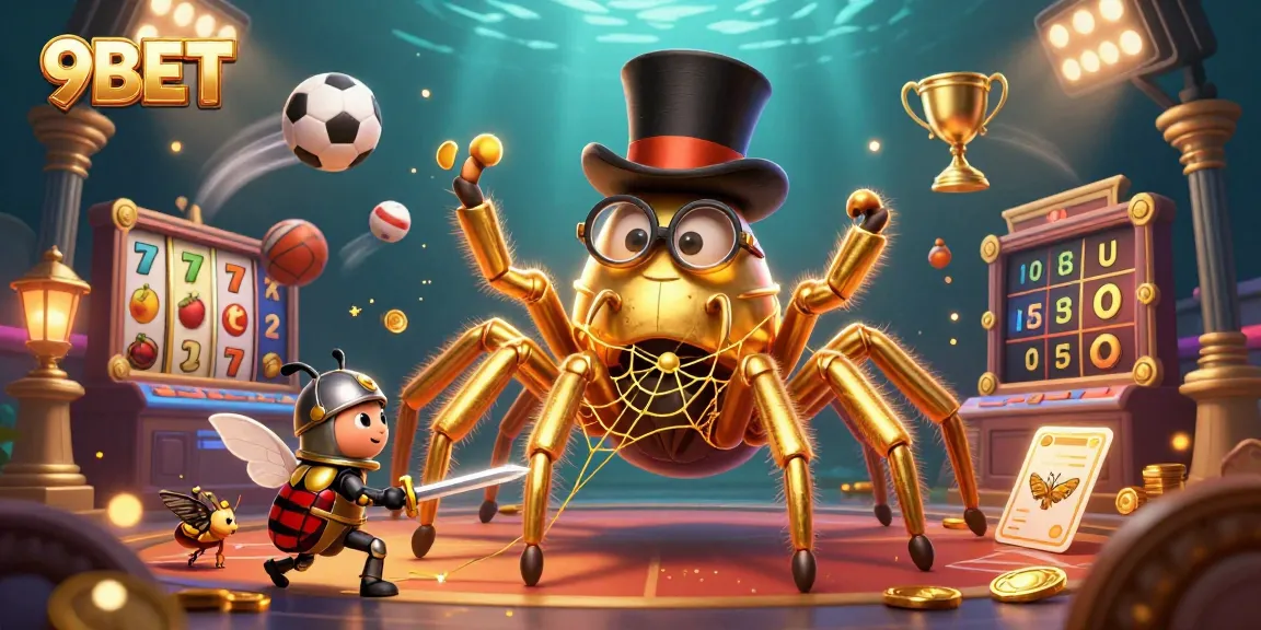 Experience the thrill of 9BET with vibrant 3D illustration showcasing a golden tarantula and beetle knight in a dynamic casino scene.