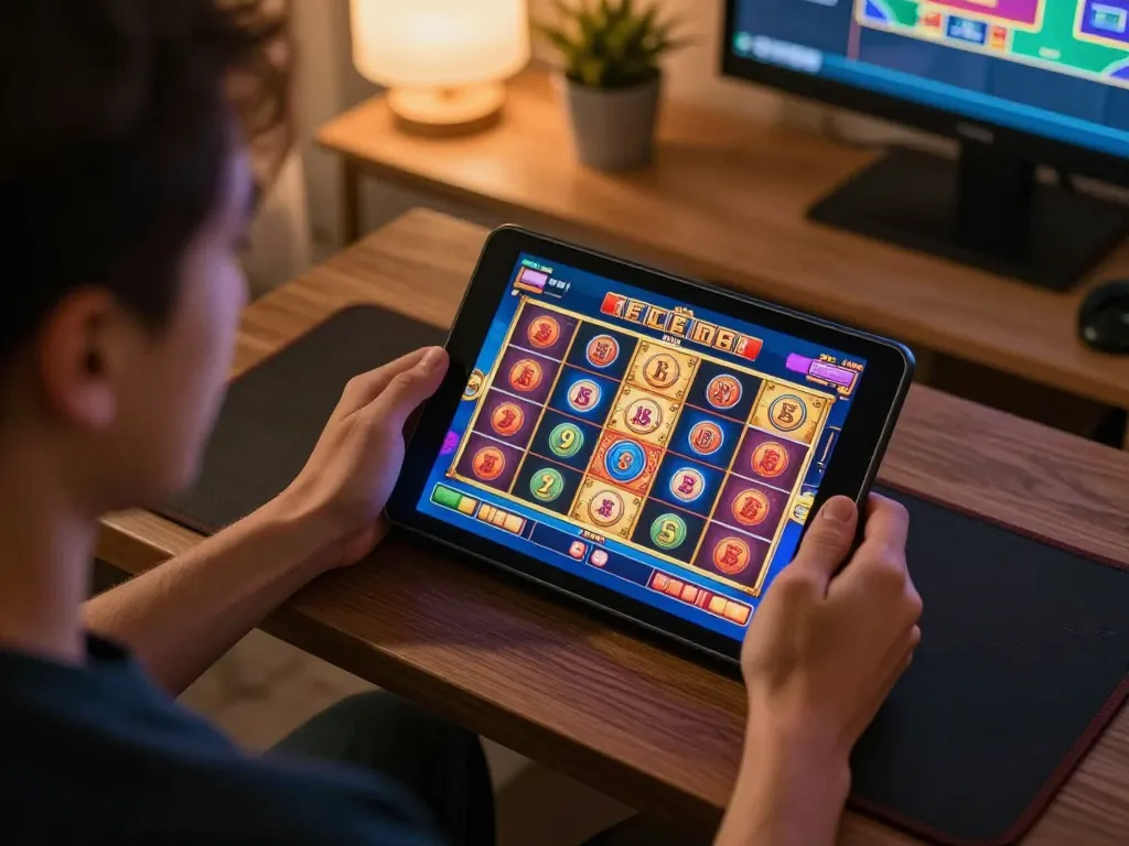 Nohu90 player engaging in an exciting slot game on a tablet in a cozy setting.