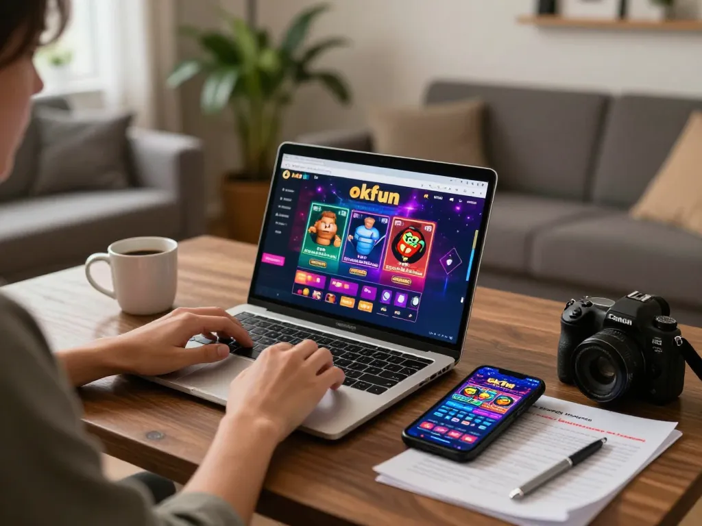 Engaging moment of a player exploring okfun com gaming interface on a laptop for online casino enjoyment