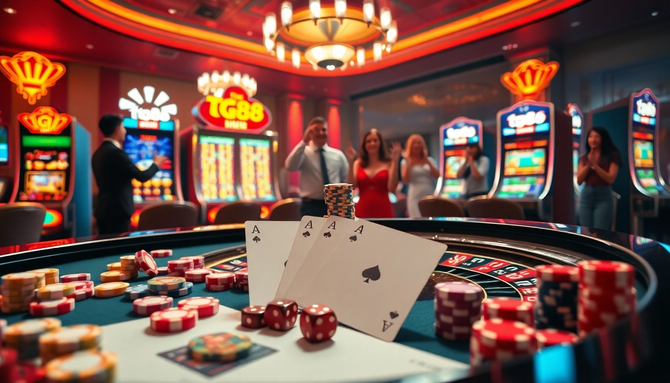 Excited players at a tg88 casino enjoying roulette and slot machines under luxurious lighting.