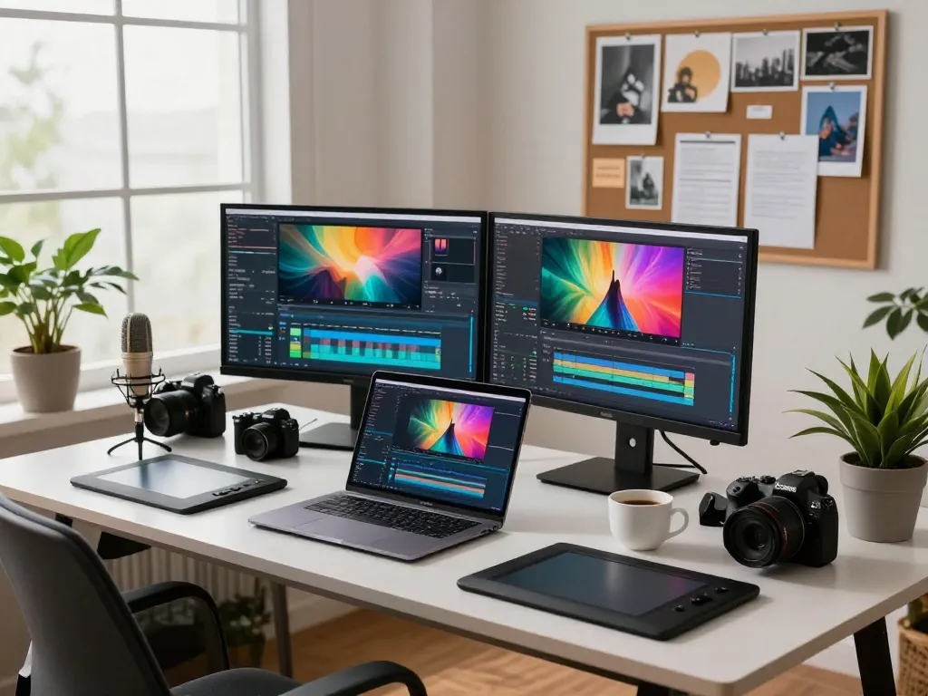 Content creator using Seedance AI for innovative video production in a vibrant workspace.