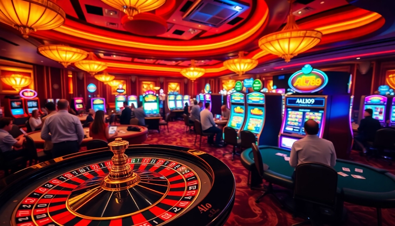 A scene featuring players engaging with ALo789 slot machines in a luxurious casino.