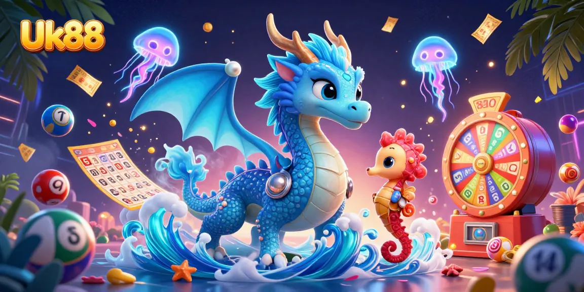 Engage with Uk88's exciting lottery experience featuring vibrant lottery balls and a dynamic underwater scene.