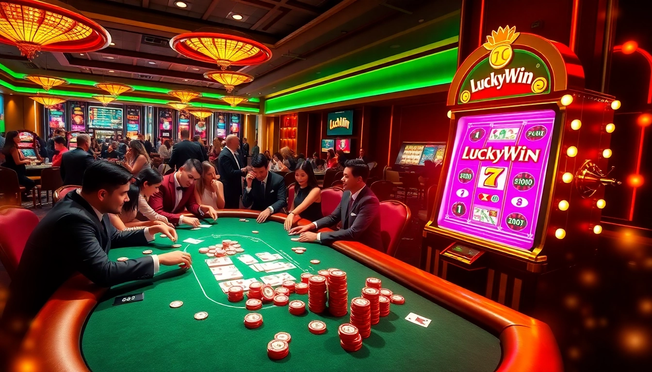 LuckyWin poker table scene with glamorous players and vibrant slot machine.