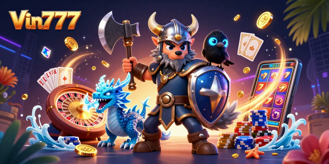 Experience thrilling wins at Vin777 with a Viking wolf warrior and dragon in a vibrant casino scene.