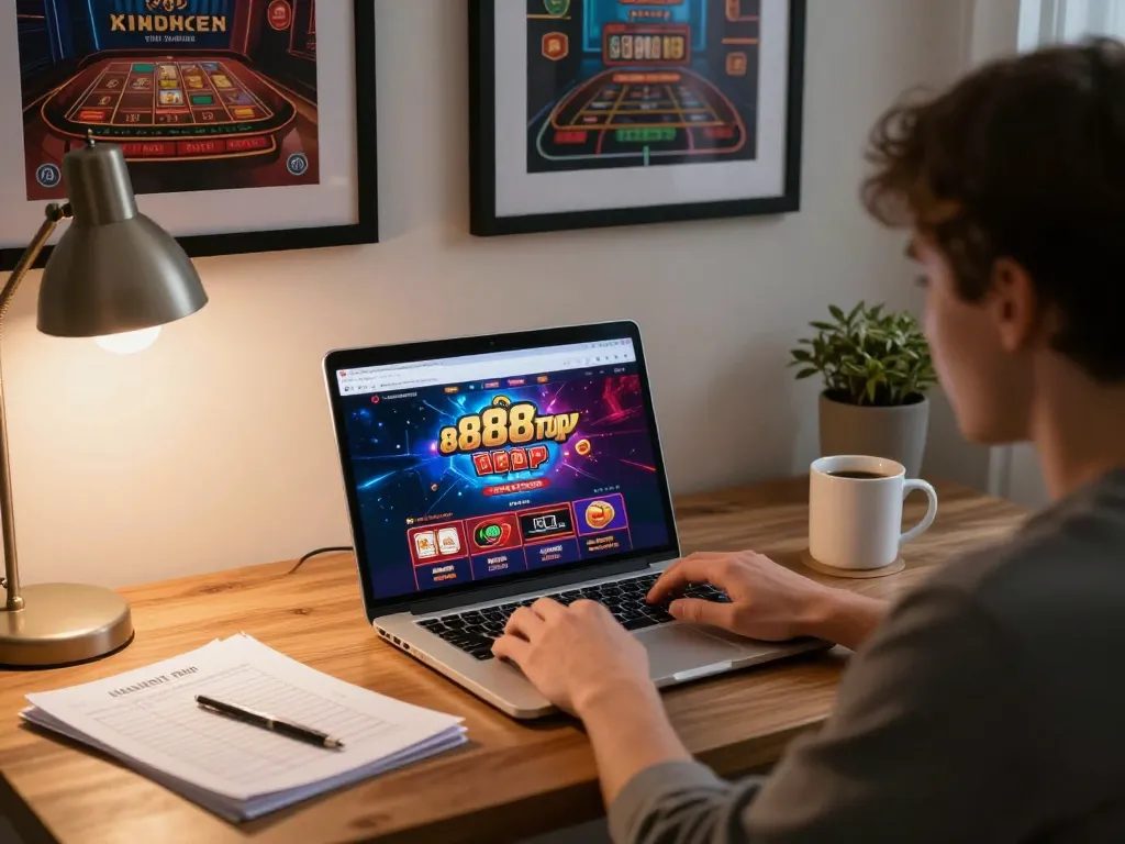 Engaging player immersed in online gambling through the 888top shop, showcasing vibrant casino games.