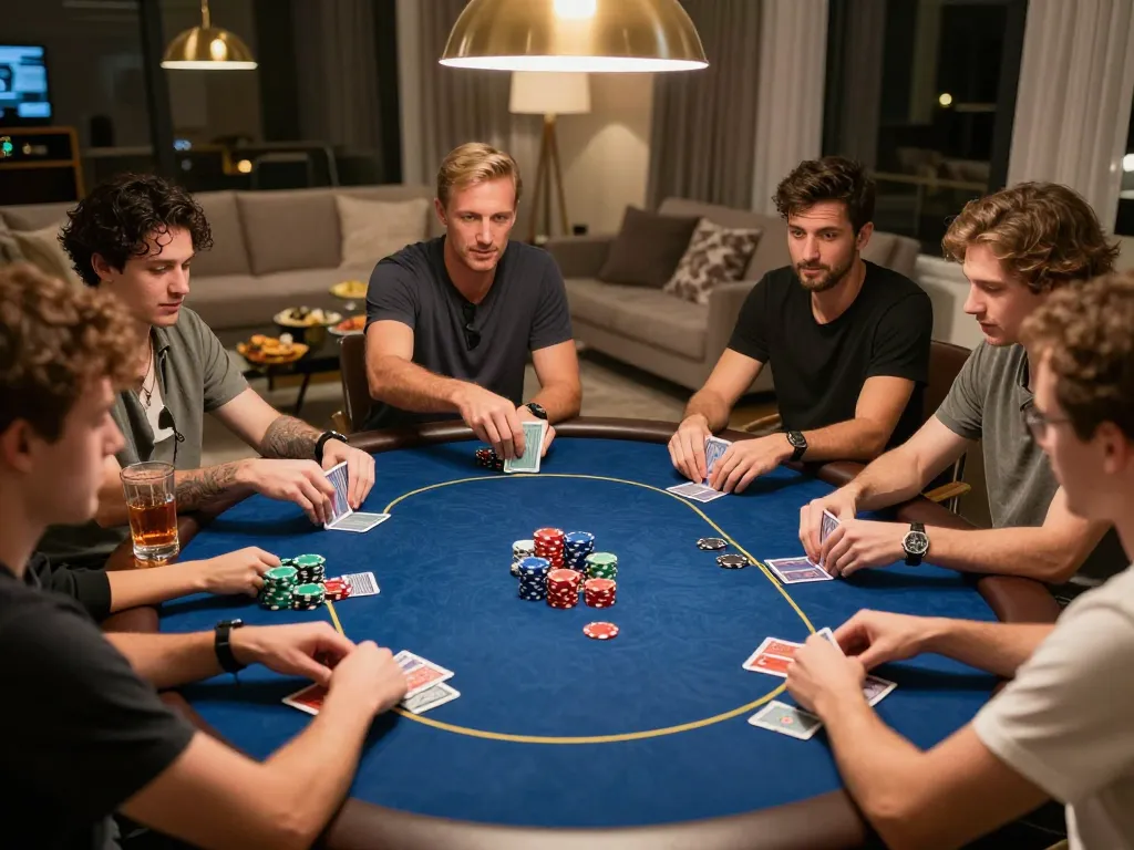 MM88 poker players enjoying a vibrant home game night with chips and cards on the table