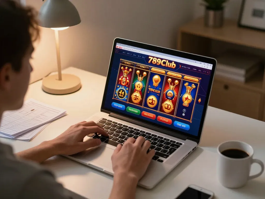 A player engages with the 789club online casino on a laptop, surrounded by comfortable home elements.