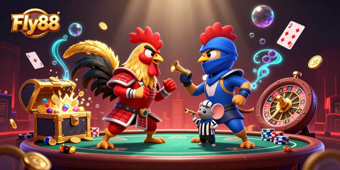 Engage with the thrill of Fly88 as cartoon roosters duel over casino treasures amidst vibrant underwater elements.
