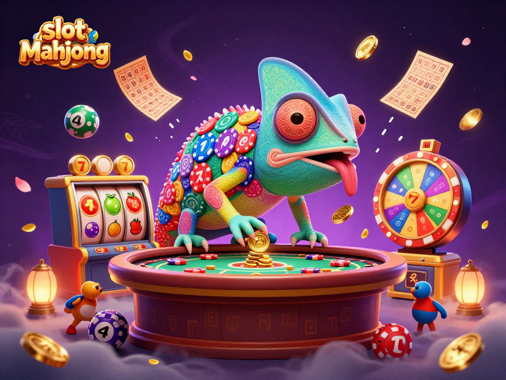 Experience the excitement of slot mahjong as colorful slot reels spin amidst vibrant casino-themed elements.