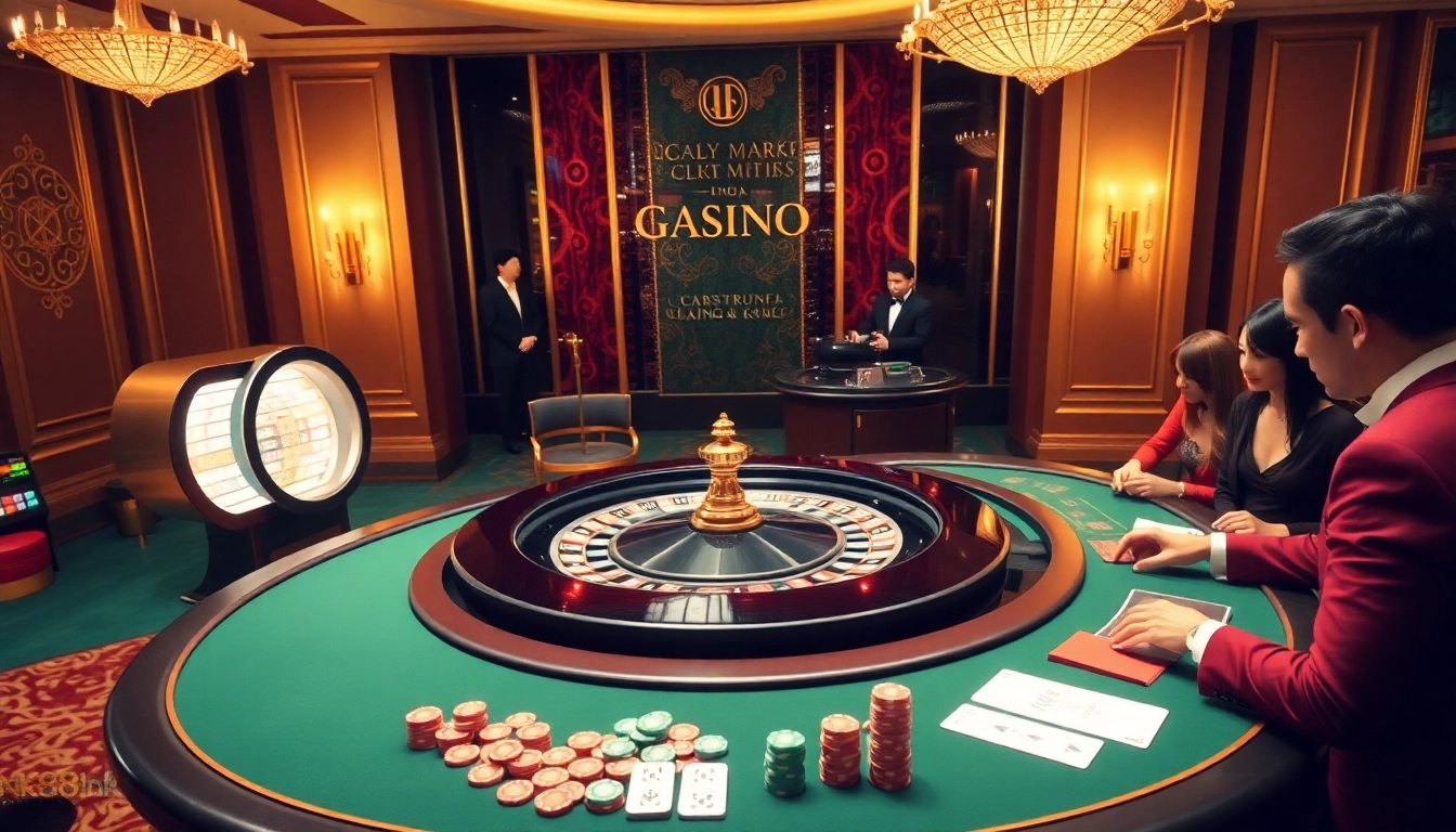 Players engage at a luxurious casino table, experiencing exciting games at nk88nk.com.