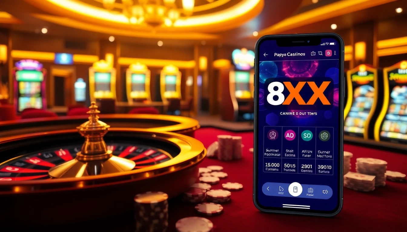 Experience the thrill of gambling with the 88XX app on an elegant casino setup featuring poker chips and a spinning roulette.
