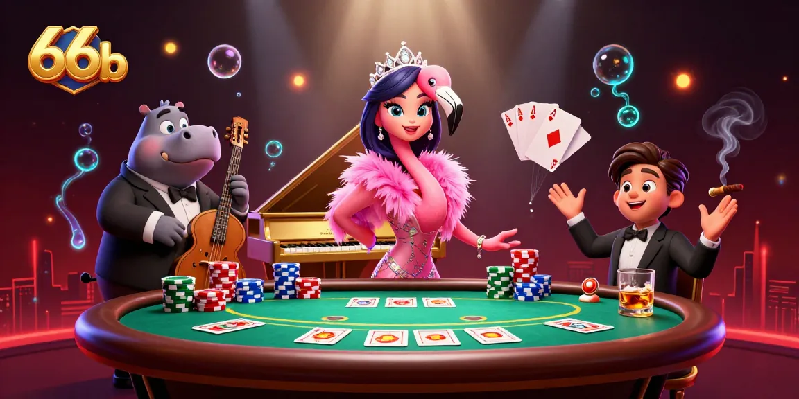 Experience high-stakes poker action with 66b featuring vibrant casino characters amidst colorful game elements.