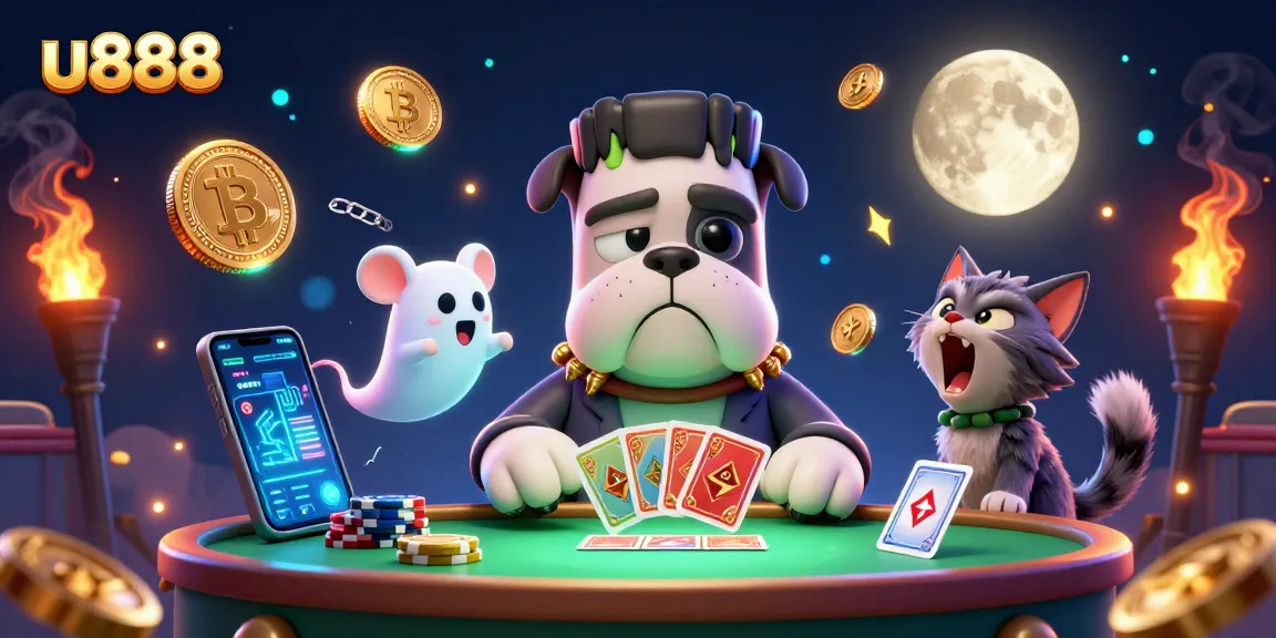 Engage with u888's thrilling gaming atmosphere featuring playful characters and vibrant crypto elements.