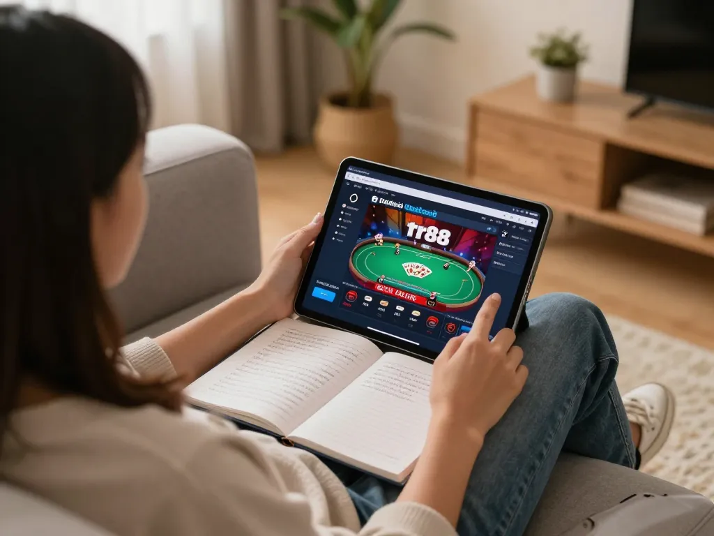 Engaging with tr88 trang chủ online casino via tablet in comfortable home setting.