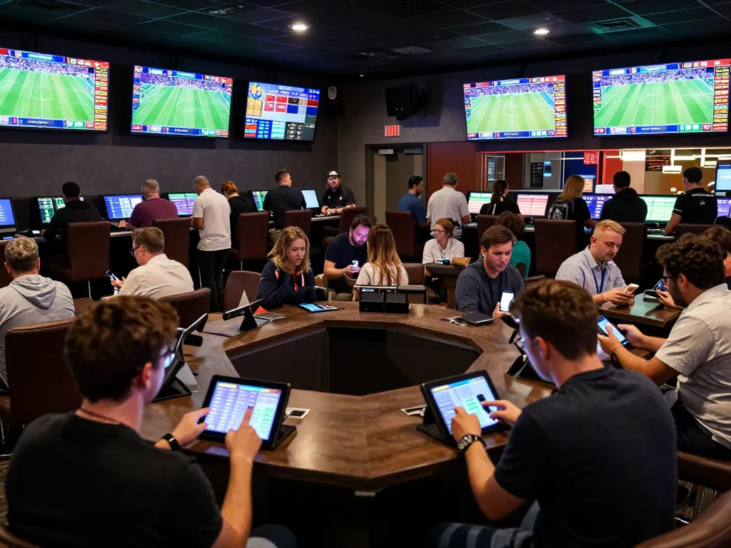 Engaged sports bettors analyzing kèo nhà cái 5 at a lively sportsbook with multiple screens.