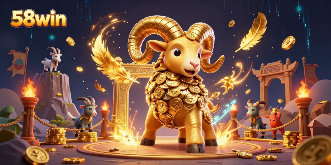 Witness the thrilling action at 58win’s online gaming arena showcasing a golden ram amidst swirling golden feathers.