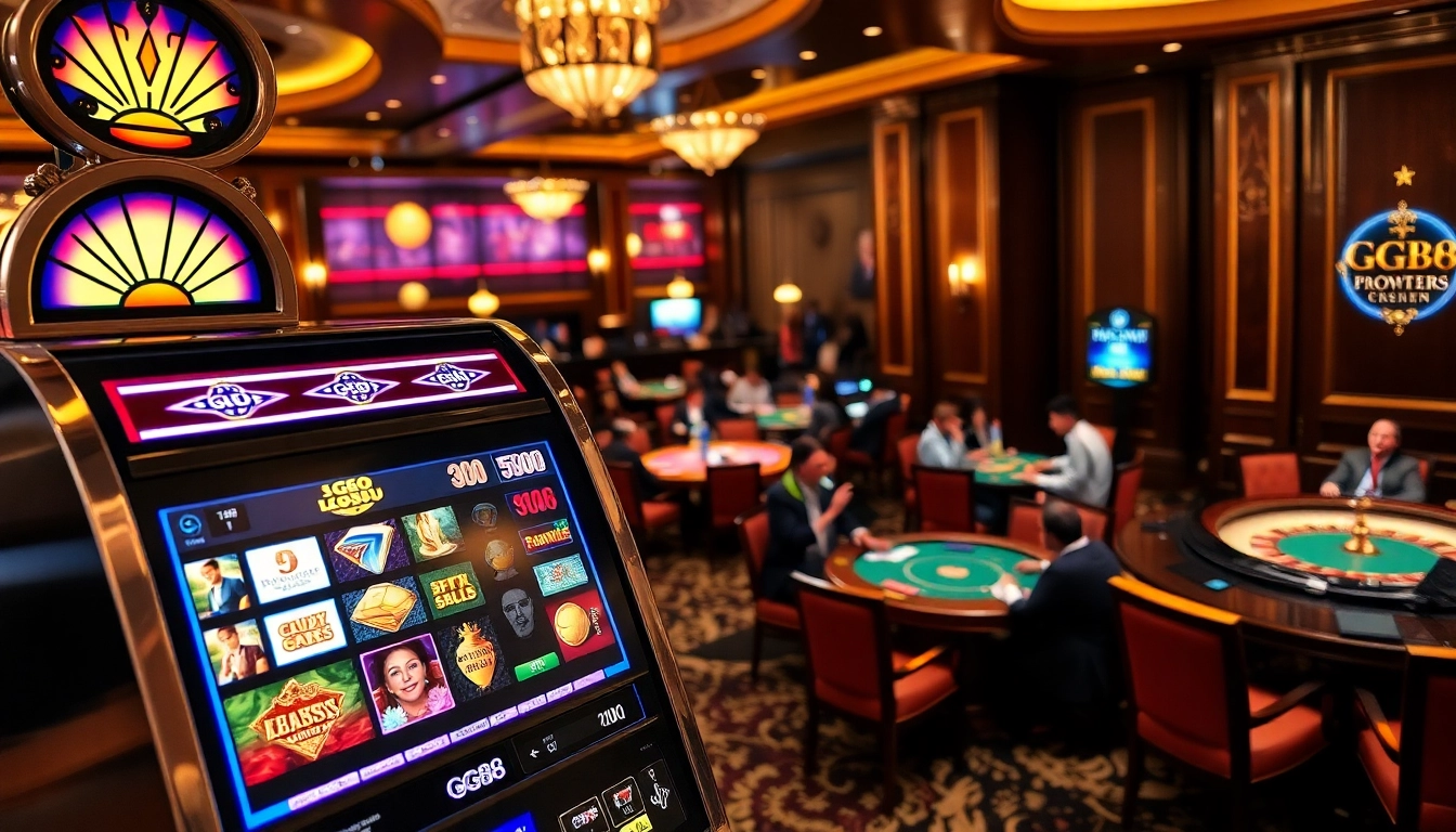 Play exciting gg88 slot games in a vibrant casino atmosphere with dazzling slot machines.