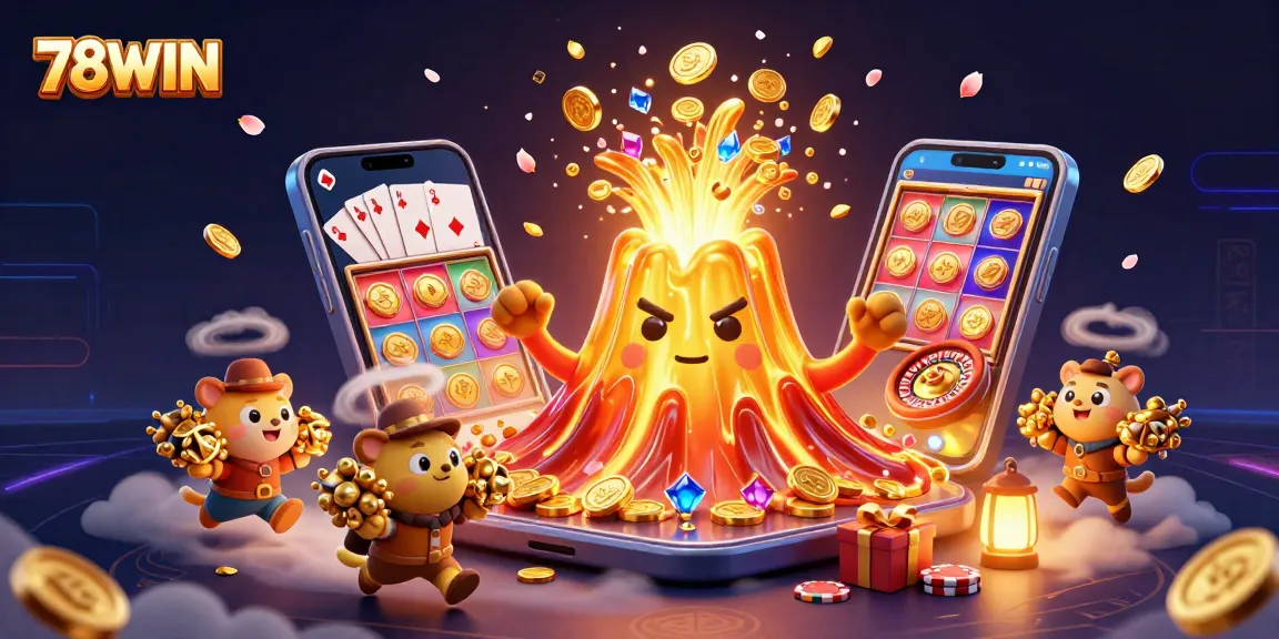 Engage with thrilling gaming at 78WIN as a golden volcano erupts with treasure, surrounded by vibrant casino elements.