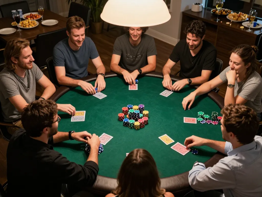 Players engage in strategic poker gameplay at home during an exciting game night, showcasing camaraderie and skillful betting.