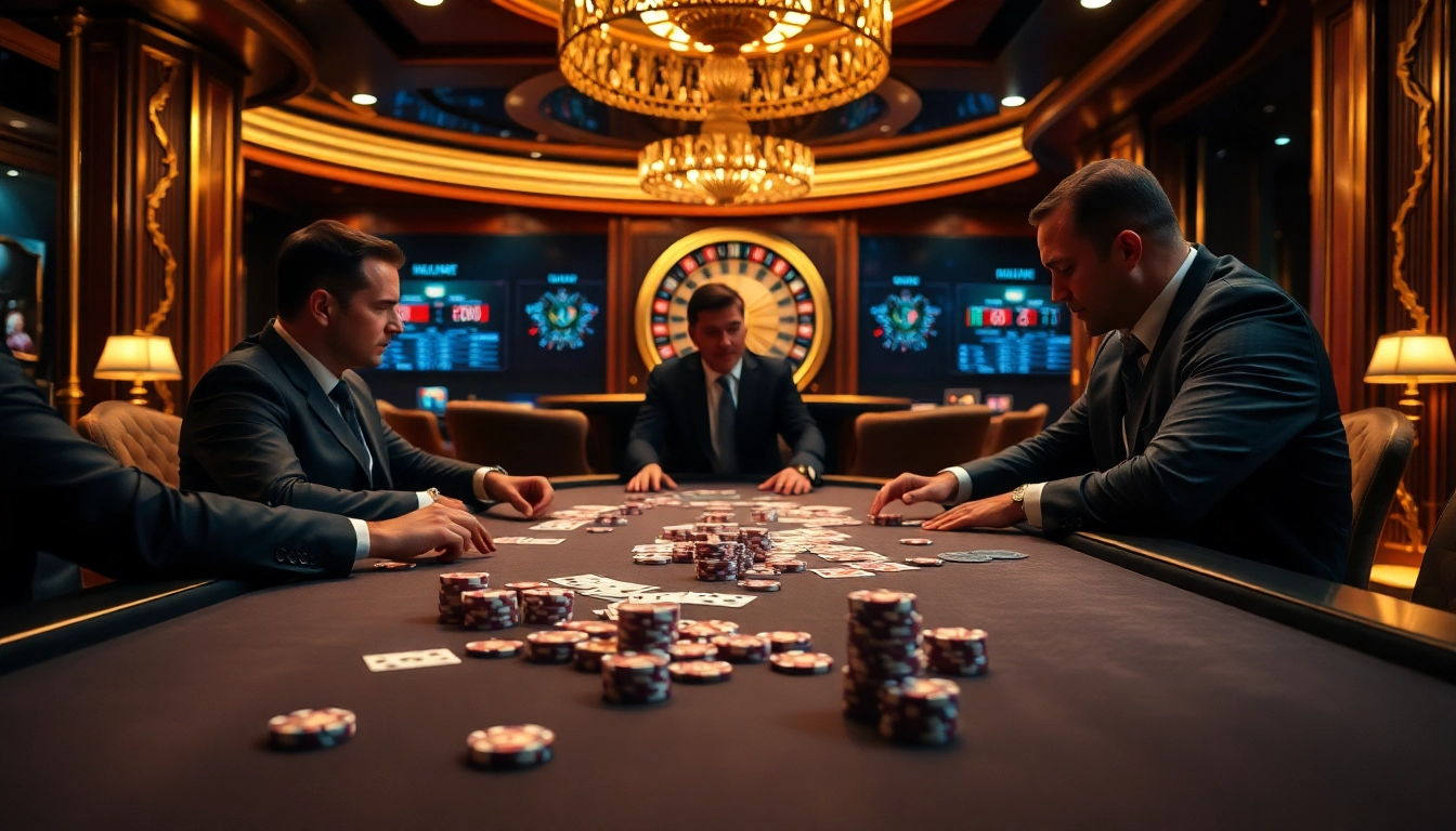 Players strategize at a poker table while enjoying the vibrant atmosphere of 789f casino.