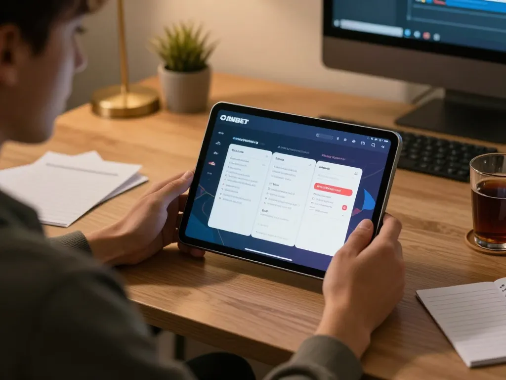 Tải ONBET app displayed on tablet in cozy home office for responsible online gaming.