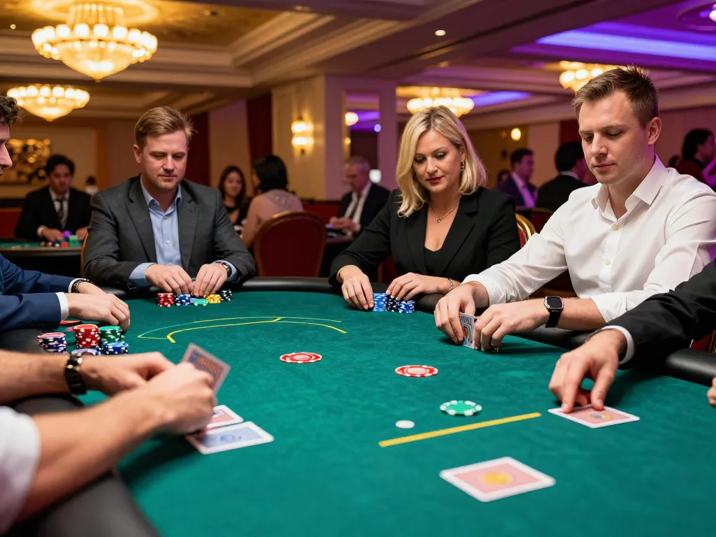 Engaging high-stakes poker game at https://fc88.zone with players strategizing over cards and chips