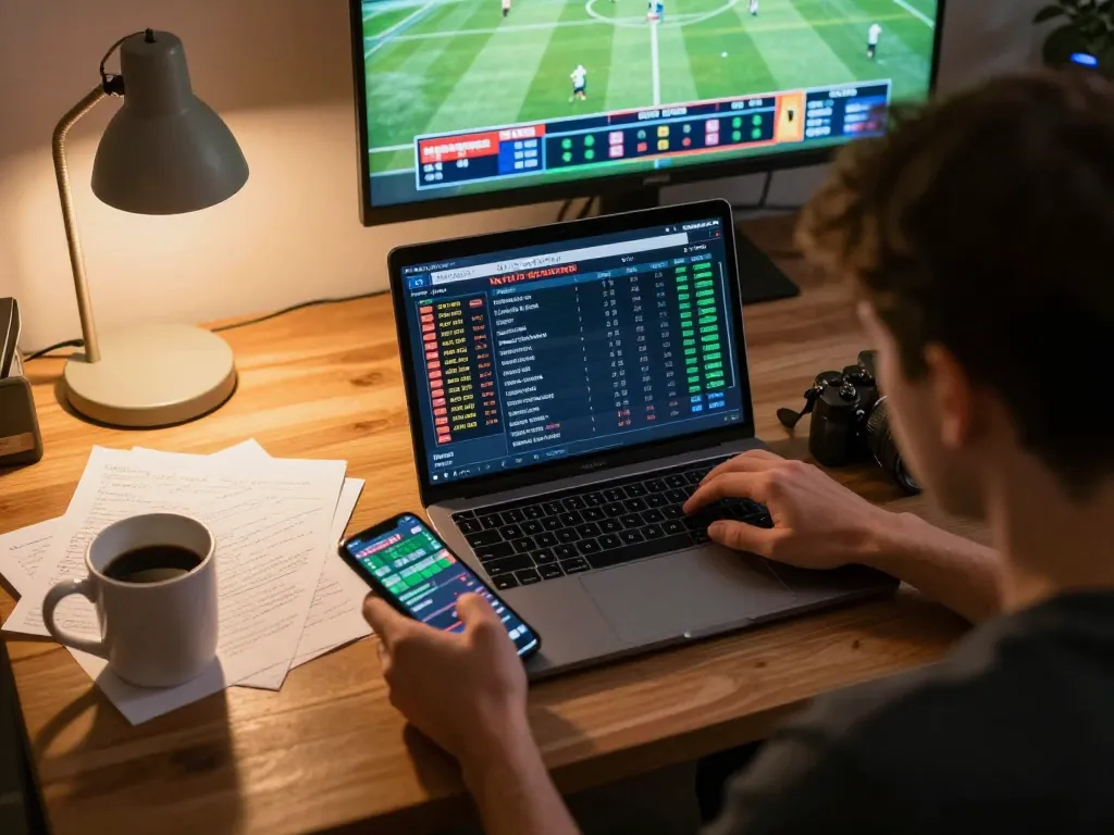 Intensely analyzing tỷ lệ kèo trực tuyến for sports betting in a cozy home office setting