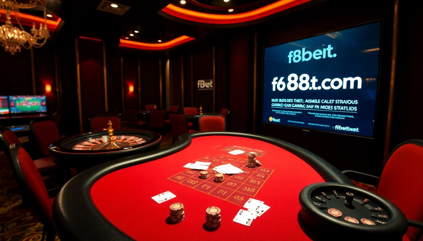 Experience thrilling gameplay at f8bet.com with a high-stakes poker table and roulette wheel.