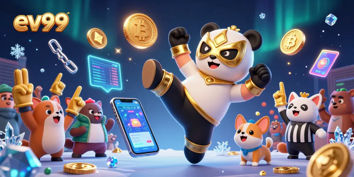 Witness the excitement of ev99 in a lively 3D illustration showcasing a panda wrestler and animal fans at a crypto casino.