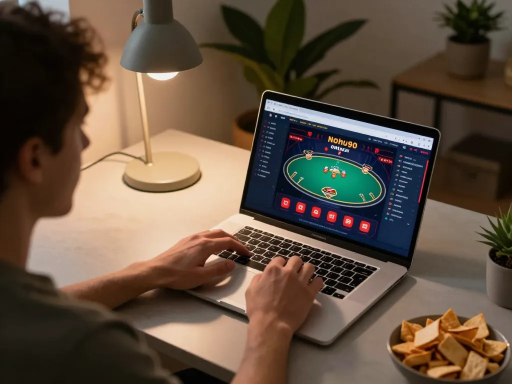 Nohu90 player engaging in online poker strategy at home, cozy gaming atmosphere.