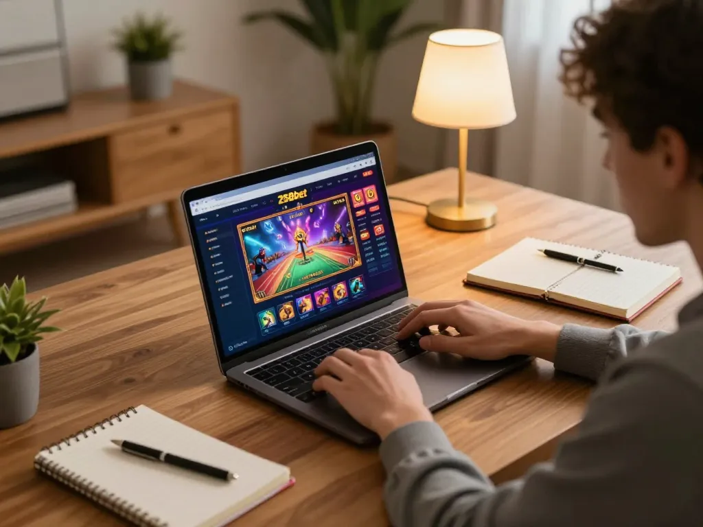 Player engaged in 258bet online gaming, showcasing active gaming interface and strategic elements in a cozy home setting