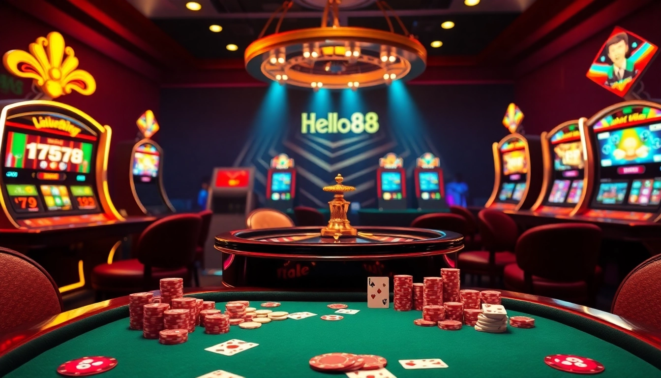 Engaging scene of vibrant casino elements like poker chips and roulette wheel representing trang chủ hello88 gaming experience.