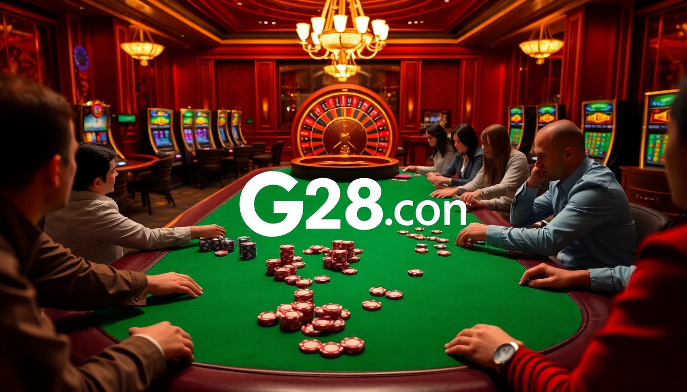 Players experience excitement at a G28 com casino game table surrounded by colorful chips and roulette.