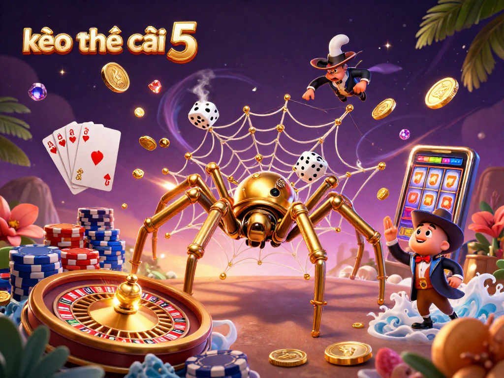 Engage with kèo nhà cái 5 showcasing a mystical casino realm filled with golden coins and exciting games.