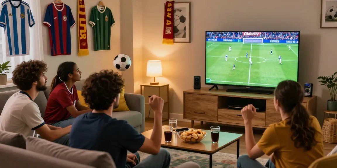 CakhiaTV bóng đá trực tuyến fans enjoying live football match in cozy room.