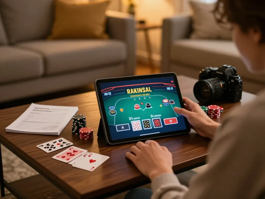 A player at home engages in online casino gaming on okking1, enjoying poker with strategies in view.