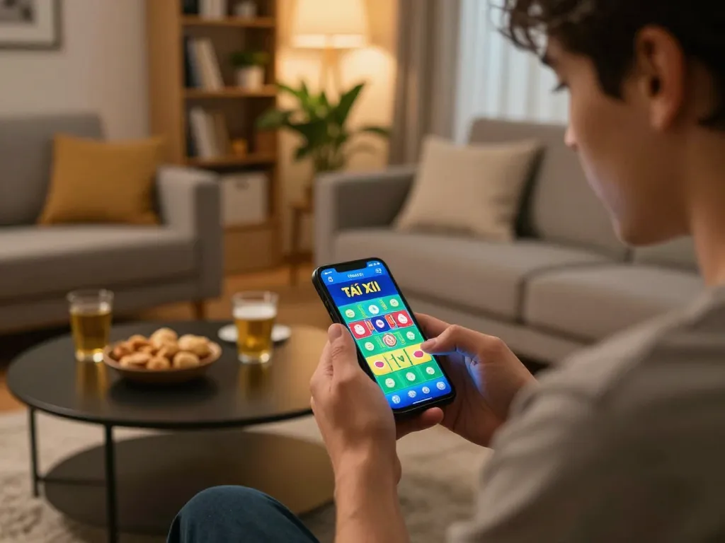 Tai Xiu gameplay on taixiuonline8 in cozy home environment, featuring smartphone and snacks.