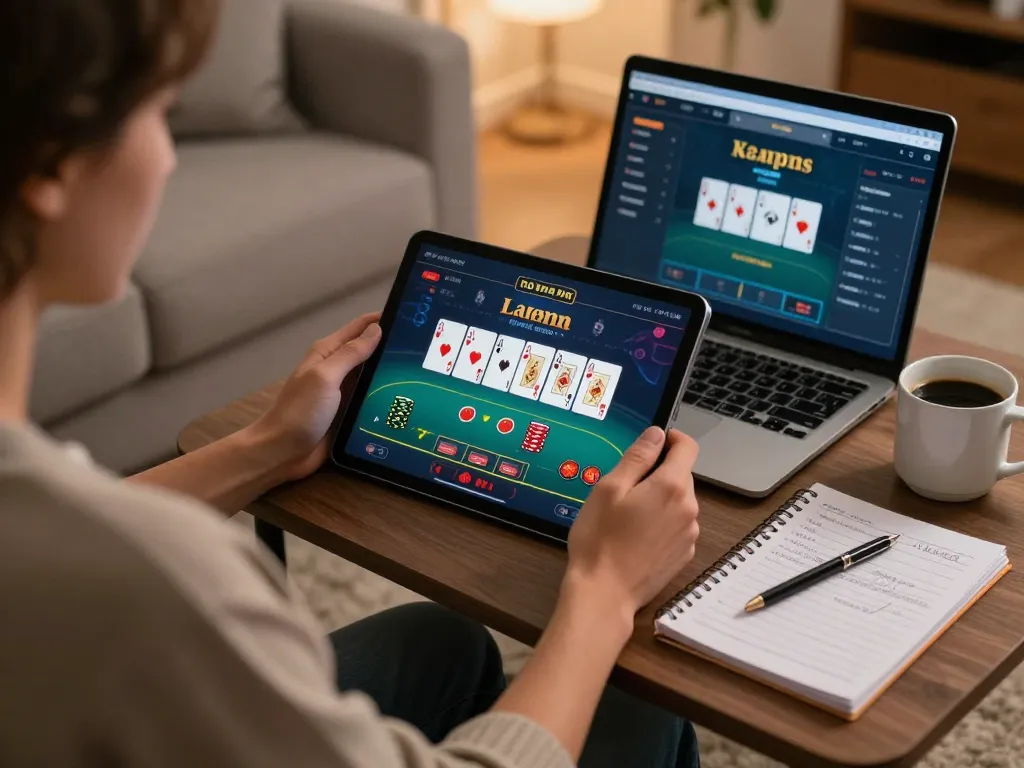 Experience the thrill of online gaming at go88a.bid with a poker interface displayed on tablet at a cozy setup.