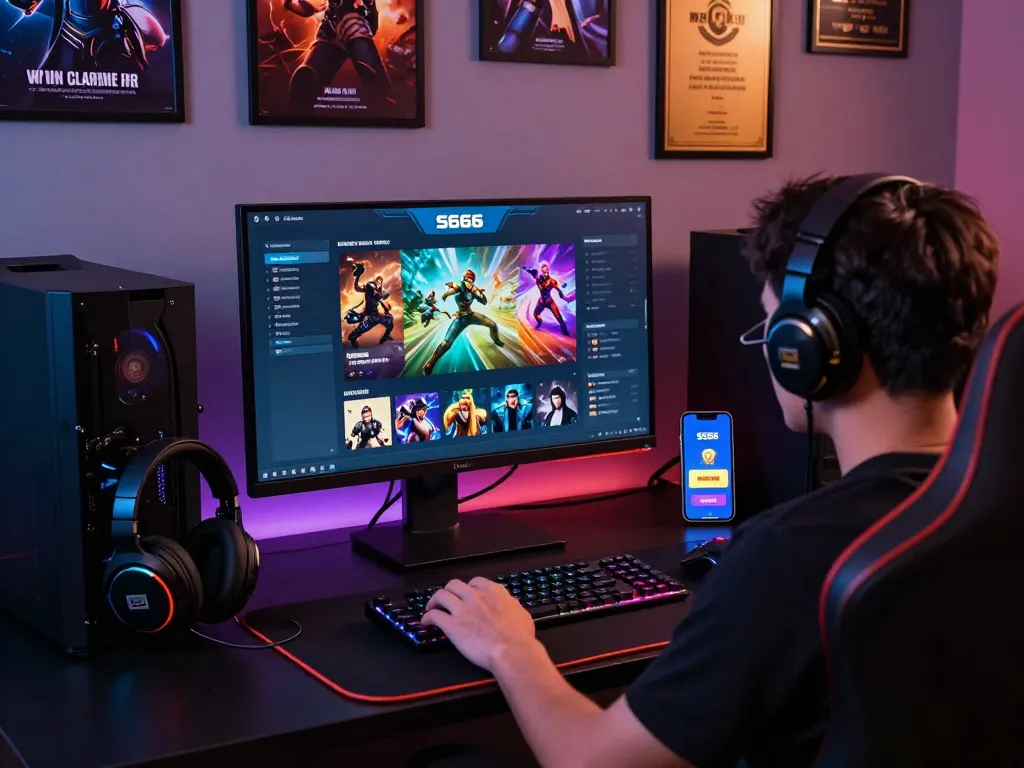 Gamer using S666 platform in an enthusiastic online gaming setup, showcasing vibrant games and engaging accessories.